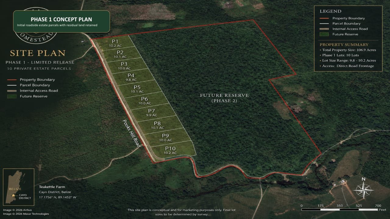 Teakettle Farms Phase 1 concept site plan: ten parcels, P1 to P10, along Pooks Hill Road, with the Phase 2 future reserve behind